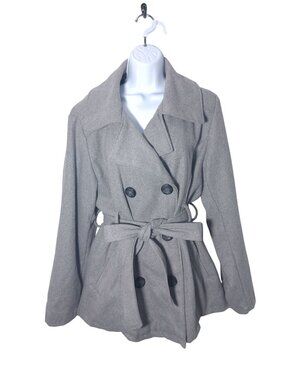 Me Jane Womens Gray Double-Breasted Belted Peacoat 1X With Wide Lapels And Pocke